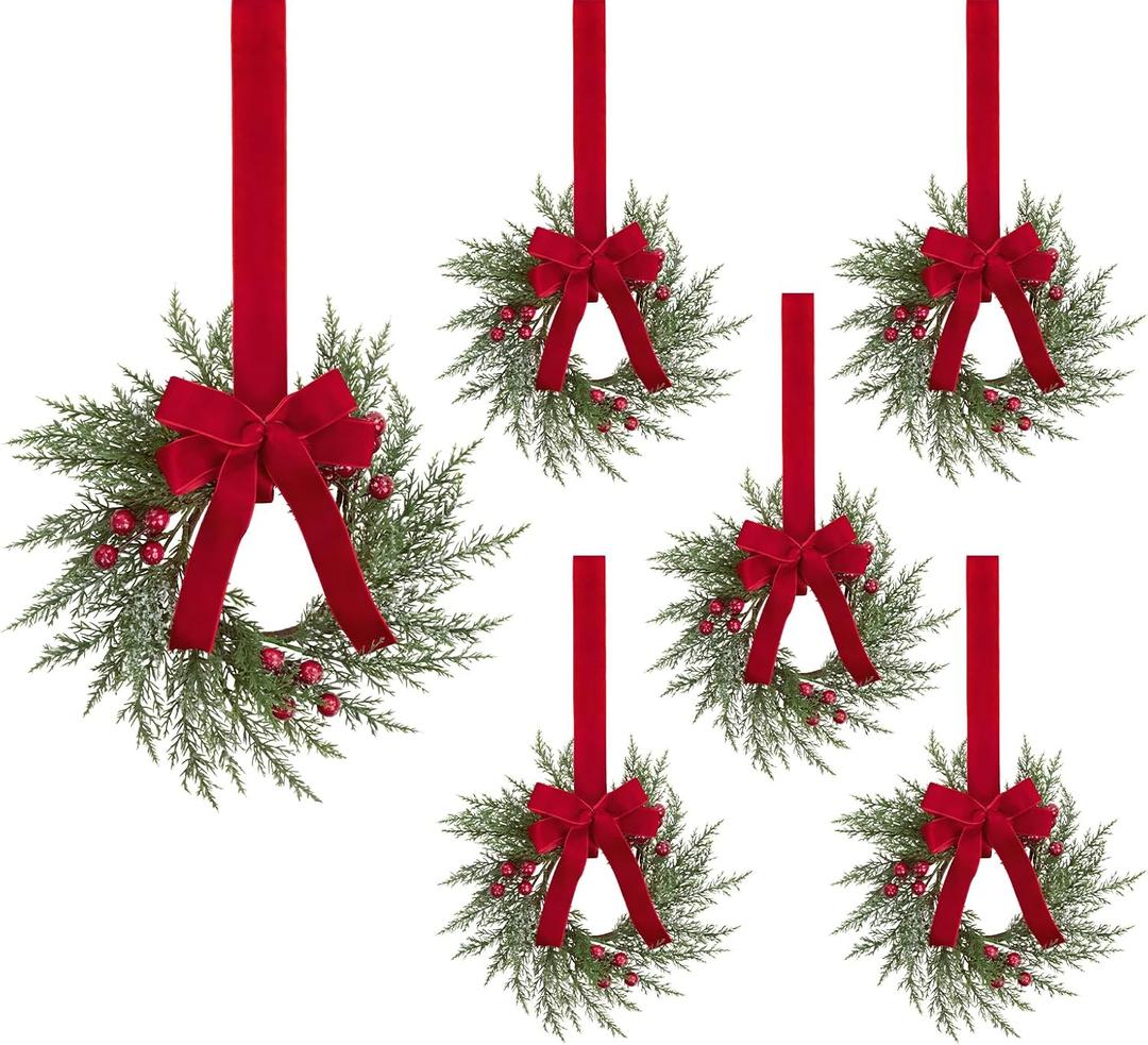 SHACOS 6 Pcs 10" Small Christmas Wreath Christmas Kitchen Cabinet Wreaths Artificial Snowy Pine Wreath for Cabinet Decorations Wreath with Red Berries and Ribbon Bow for Xmas Window Wall Chair Decor