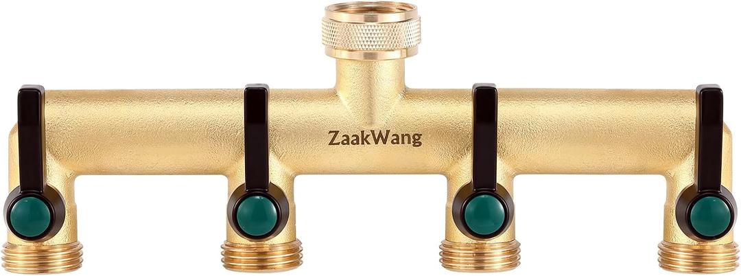 Brass Garden Hose Splitter, 4 Way Spigot Splitter, Heavy Duty Hose Tap Splitter Connection with 4 Individual On/Off Valve and Extended Handle, 3/4 inch Male Thread Water Outlet