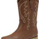 LAURMOSA Boys Cowboy Boots Western Square Toe Boots, Pull-On Mid Calf Embroidered Boots for Toddler Little Big Kid (Brown, Size: 6 Big Kid)