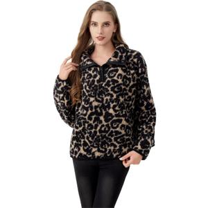 Fashion Women's Sherpa Pullover, Fleece Stand Collar Jacket with Animal Geometric Print, Cozy Winter Outerwear (Black Leopard) Medium