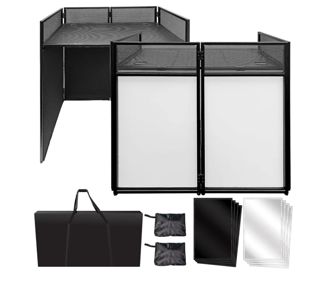 Portable DJ Booth Facade Stand | Foldable DJ Table with 38.5"x19" Surface & Cable Hole | Includes Black/White Scrims & Carry Bag for Events, Parties, Mobile DJs (DJ Station, Event Facade)