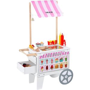 VEVOR Ice Cream Cart for Kids, 20+ PCS Accessories, Pretend Play Ice Cream Shop Kitchen Food Toys with Ice Cream Cone & Popsicle, Awning & Freezer, Storage Drawers & Flipping Menus, for Kids Aged 3-7