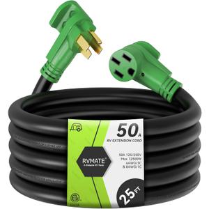 RVMATE 50 Amp 25 Feet RV/ EV Extension Cord, Easy Plug in Handle, 14-50P to 14-50R with LED Indicator, ETL Listed, Come w/ Storage Bag and Plastic Strap
