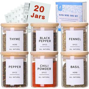 Glass Spice Jars with Bamboo Lids - 20 Pcs Thicken(2.4mm) 4oz Airtight Seasoning Containers with 131 Waterproof Minimalist Spice labels Preprinted - Small herb Jars for Pantry Organization and Storage