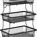 3 Tier Fruit Basket for Kitchen Counter with 2 Banana Hangers, Countertop Metal Fruit Bowl with Wooden Handle, Large Storage Stand for Vegetables, Snacks, Breads, Produce Storage Black