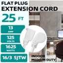 25 Ft Flat Plug Extension Cord, 16 AWG 3 Prong Grounded White Low Profile Extension Cable for Indoor, UL Listed