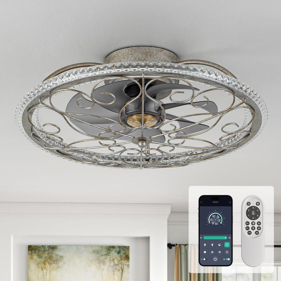 NORFOLK Low Profile Ceiling Fans with Lights and Remote, 20'' Flush Mount Lighting Fan, Smart Bladeless Caged Fandelier, 3 Colors Dimmable LED and 6 Speeds (Crafted)