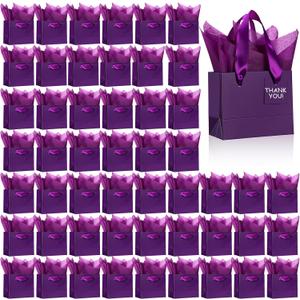 Qilery 50 Pcs Halloween Mini Paper Gift Bags Bulk with Tissue Paper Small Gift Bags with Handle and Tags for Birthday Wedding Back to School Summer Party Business(Purple,4.7 x 2.4 x 3.9'')