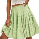 Cicy Bell Women Summer Pleated Skirts Boho Layered Tiered Knee Length Skirt | Low Rise, Flowy, Beach, Vacation Outfits, Trendy, Solid Color (Green, S)