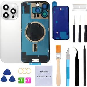 Rear Back Glass Replacement for iPhone 16 Pro Max 6.9-inches + Pre-Installed Plate and Camera Frame and Lens + Reparing Tool Kit (White Titanium)