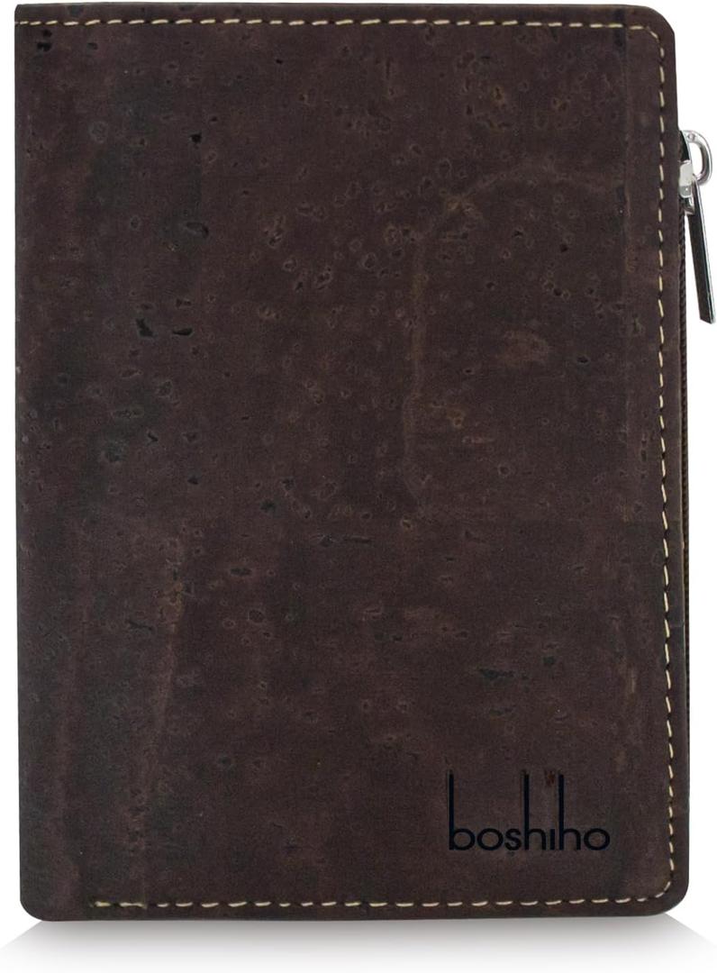 Eco Cork Friendly RFID Blocking Wallet Bi-fold Card Holder Vertical Wallet With Zippered Coin Purse & ID Window (Brown)