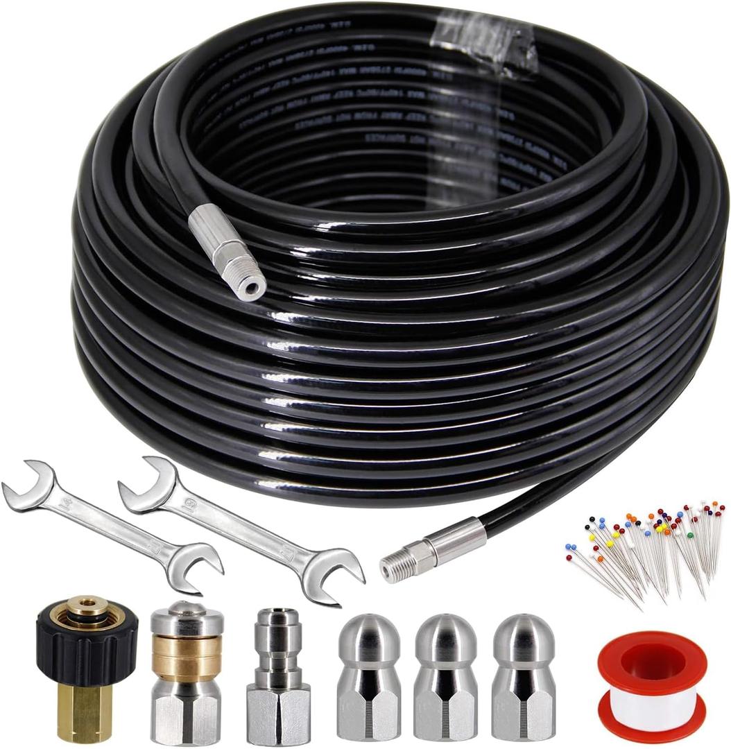 Twinkle Star Sewer Jetter Kit for Pressure Washer -100 ft Hose, 1/4 Inch NPT, Drain Cleaning Hose, Button Nose & Rotating Sewer Jetting Nozzle, Orifice 4.0, 4.5, 5.5, 5800 PSI