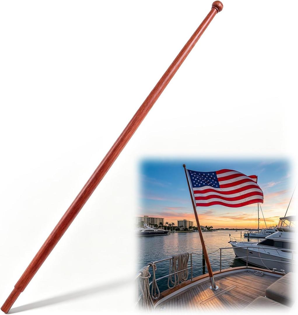 48" Teak Boat Flag Pole for Marine Flags Premium Solid Teak Wood Flagstaff for Yacht Stern Weather Resistant Wooden Flagpole for Boat Dock Yacht Truck Nautical Decor