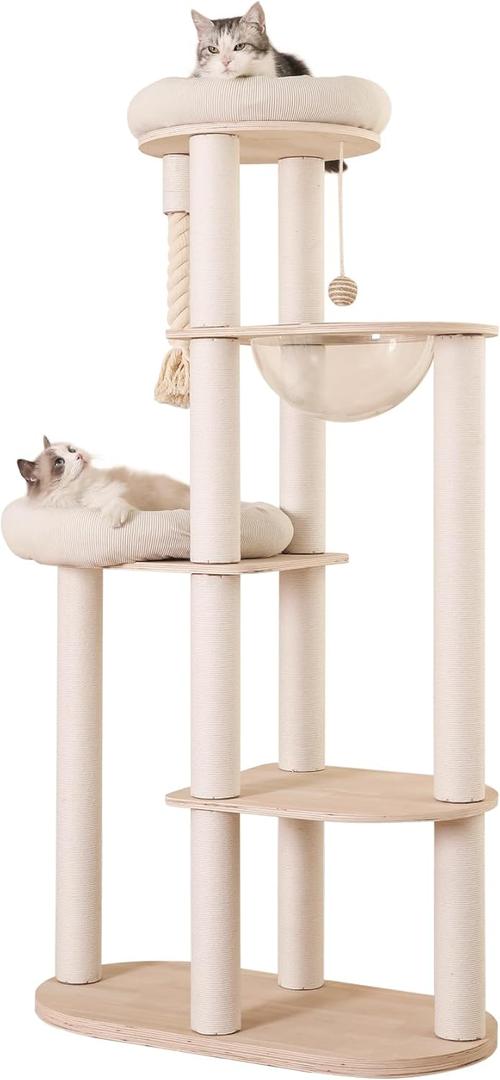 59" Modern Cat Tree Multi-Level Large Cat Tower Heavy Duty Wooden Cat Tree with Hammock,Cotton Scratching Post and Washable Cushions