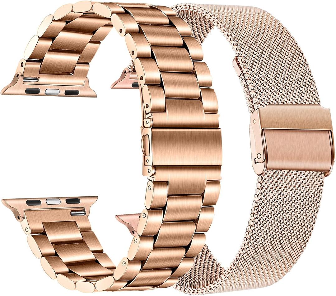 TRUMiRR Band Sets for Apple Watch 10 42mm / 9 8 7 41mm Rose Gold Women, 2 Pack Solid Stainless Steel Watchband + Mesh Strap for iWatch SE Series 6 5 4 3 2 1 40mm 38mm