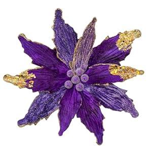 Briful 12'' Large Heads Christmas Glitter Poinsettia Flowers Christmas Tree Ornaments Set of 4 Artificial Flowers with Picks Stems for Xmas Tree Party DIY Holiday Decorations, Purple and Glod