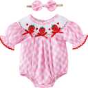 Baby Girl Clothes Smocked Romper Newborn Plaid Short Sleeve Bubble Bodysuit + Bow Headband Summer Outfits 12-18 Months