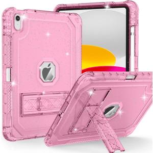 Case for iPad 11-inch (A16) 2025 / iPad 10th Gen 10.9 inch 2022, Heavy Duty Shockproof Rugged Protective with Pencil Holder, 11th / 10th Translucent Cover with Kickstand, Pink Glitter