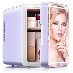 Skincare Fridge, 4L Makeup Mini Fridge With Dimmable LED Light Mirror for Bedroom, Car, Office & Dorm, Cooler & Warmer, Small Refrigerator for Cosmetics, Skin Care and Food (Mirror, Purple)