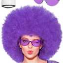 JoneTing Women Purple Afro Wig +Hair Cap +Sunglasses Purple Fluffy Wigs for Women Purpled Funny Crazy Party Wigs Color Afro Wig Purpled Disco Hippie Hair for Halloween Christmas Cosplay Costume