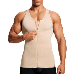 Compression Shirt Mens Shapewear Tank Top Undershirt Slimming Body Shaper Tummy Control Vest Gynecomastia with Zipper (Beige, S)
