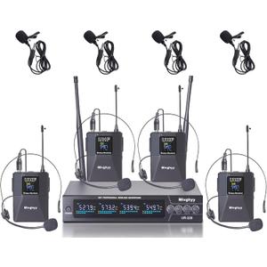 Wireless Microphones System with UHF Headset/Lavalier Lapel Mics, Bodypack Transmitter, 4 x 50 Channels, 164ft Range for Church Conference Performance Singing Karaoke PA Speaker Mixer