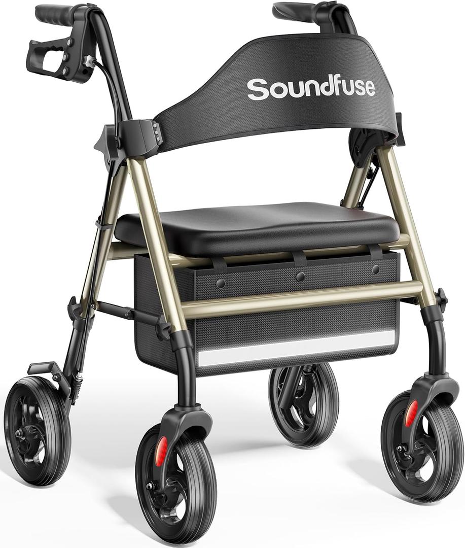 Rollator Walkers with Seat for Seniors, Foldable 8" Big Wheels All Terrain Rolling Walker, Handles and Ergonomic Seat Height Adjustable, 350 lb, FSA HSA Eligible (Champagne Gold)