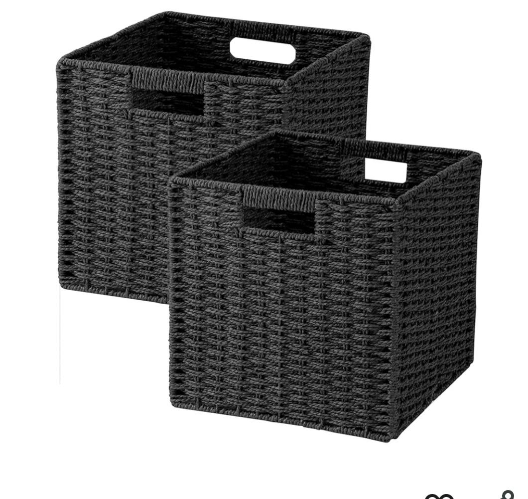 Woven Wicker Storage Baskets 2-Pack, 11x11 Handwoven Paper Rope Organizer Bins, Foldable Cube Storage Cubes with Built-in Handles for Shelves and Closet Organization(Classic Black)