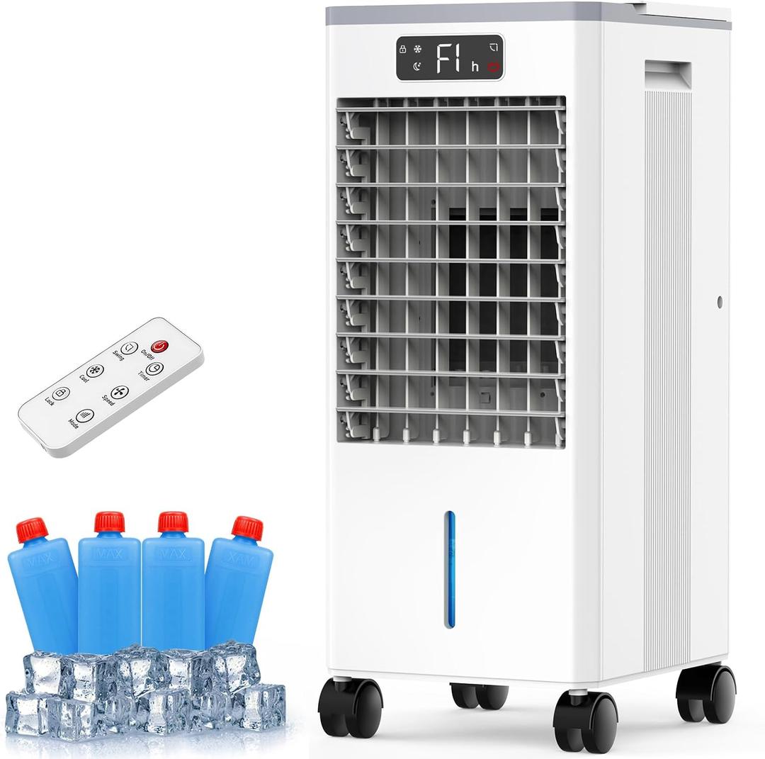 Portable Evaporative Air Cooler, Quiet Windowless Swamp Cooler with 4 Ice Packs, 2 Gallon Water Tank, Remote Control, 4 Modes & 3 Speeds, Oscillating Cooling Fan for Bedroom, Living Room and Office