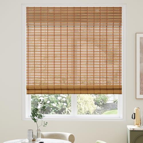 AGESISI Bamboo Roman Shades with Valance Cover, Cordless Blinds for Indoor Windows, Light Filtering Woven Wood Shades for Home & Patio, Privacy Protection, 34" W x 64" H, Carbonized