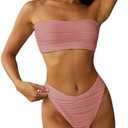 ZAFUL Women Strapless Textured Bandeau Bikini 2 Piece Swimwear Cheeky Solid Lace up Bathing Suits Size M