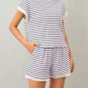 MISSACTIVER 2 Piece Lounge Set Women Stripe Knit Short Sleeve Tee Shirts Shorts Casual Summer Loungewear Shorts Sets (M)