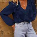 MEROKEETY Womens Spring Summer Long Sleeve Ruffle Blouse 2026 Dressy Casual Top V Neck Trendy Work Business Work Shirts, Navy, Medium (Blue, M)