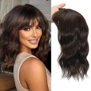 TYQ Hair Toppers for Women with Thinning Hair 14 Inch, 360 3D Synthetic Curly Wavy Wispy Clip in Bangs(Dark Brown Mixed Chestnut)