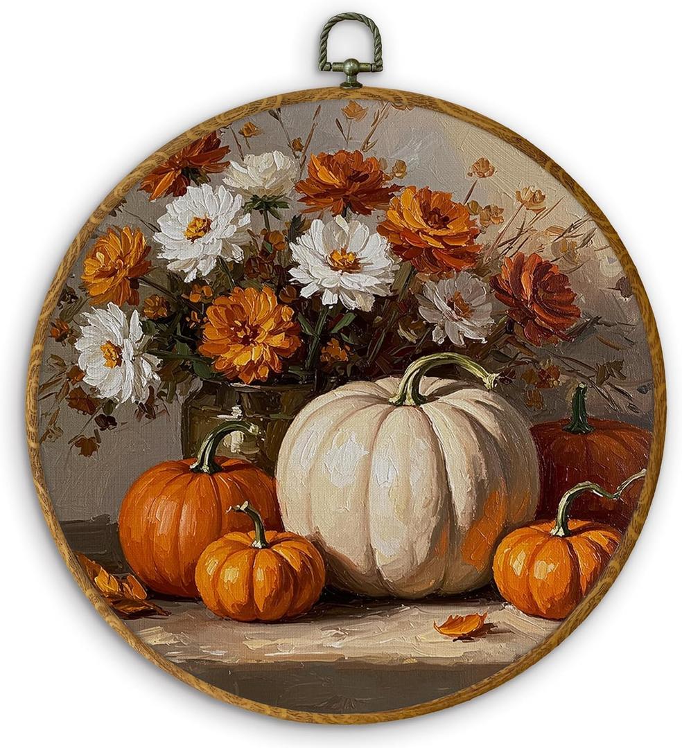 DILSJ Fall Pumpkin Round Wall Art Decor, Farmhouse Harvest Autumn Pumpkin Floral Canvas Wall Art Framed, Vintage Fall Hanging Decorations for Home Bedroom Living Room, 10x10 Inch