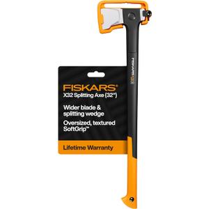 Fiskars X32 Splitting Axe 32", Forged Steel Blade for More One-Strike Splits on Large Logs, Shock-Absorbing Fiber Comp Handle & Low-Friction Coating for Rust Protection & Easy Removal