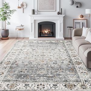 6x9 Area Rugs for Living Room, Machine Washable Non Slip Vintage Rug, Non-Slip Stain Resistant, Large Soft Home Decor Rug for Bedroom Dining Room (Ivory/Gray,6'x9')