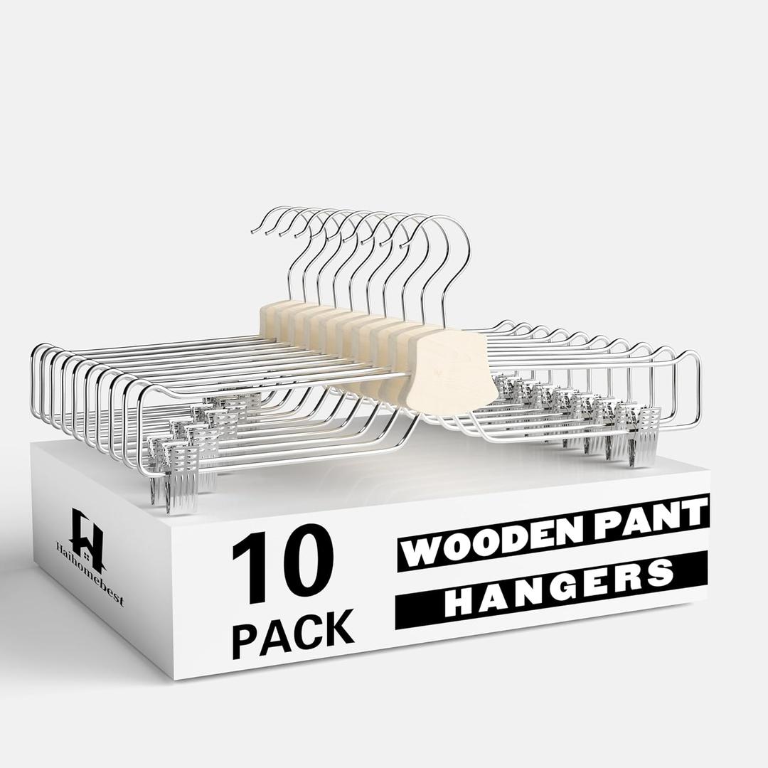 10 Pack Pants Hangers, 14" Adjustable Clip Pant Hanger Heavy Duty with 360Swivel Hook - Solid Wood & Metal Closet Organizer, Space Saving Hanger for Pants, Skirts, Underwear, Scarves