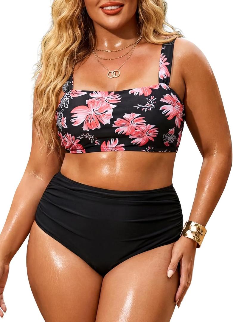 Ocean Blues Women's High Waisted Swimsuit for Women Tummy Control Bikini Set Two Piece Bathing Suits (Pink, XL)