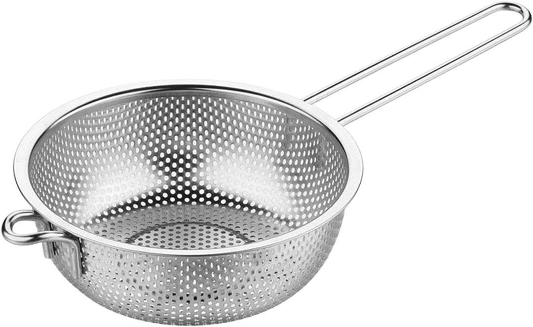 Stainless Steel Colander Fine Mesh Colander with Long Handle, Kitchen Metal Food Strainers with Resting Feet for Strain, Rinse, Fry, Steam or Cook Vegetables & Pasta & Wash fruits(COLOR:silver)