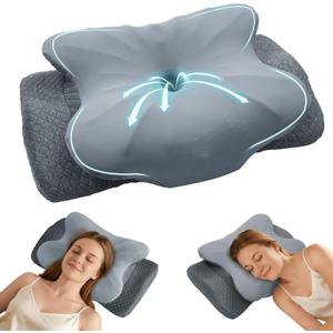 Cervical Neck Pillow for Sleeping, Ergonomic Memory Foam Pillow for Neck Pain Relief, Dual Height Contour Support for Side and Back Sleepers, Cooling Breathable Pillowcase, Grey, 23.6*15*5.5