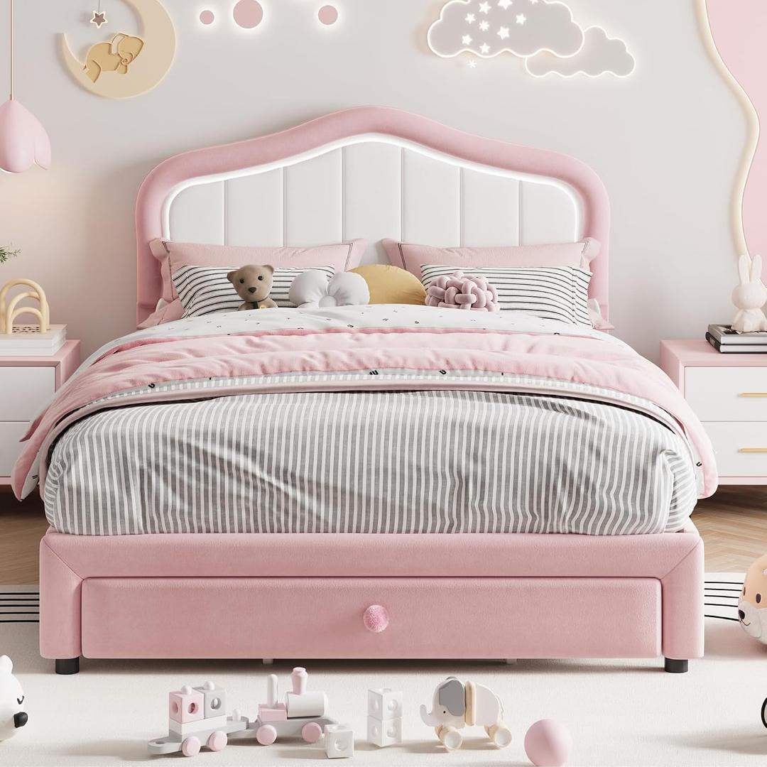 Garvee Versatile Upholstered Twin Platform Bed Frame for Girls, Boys - LED Lights, Storage Drawer, Soft Headboard, Wooden Slats, Noise-Free, No Box Fresh Needed, Princess Style, Pink and White