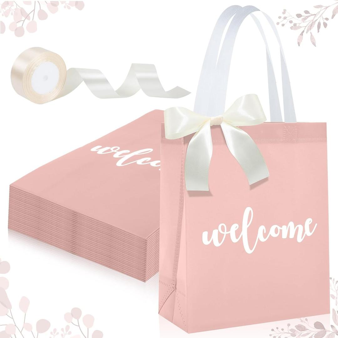 party greeting 50 Pack Non-woven Welcome Gift Bags with Handles Pink Wedding Bags with 2 Rolls of Off-White Ribbon Party Favor Bag Suitable for Parties Birthdays Weddings
