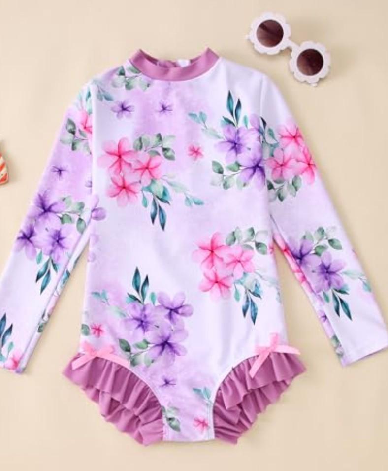 IZYJOY Girl Long Sleeve Swimsuits Ruffle One Piece Rash Guard Bathing Suits Kids Floral UPF 50+ Zipper Swimwear 7-12Y