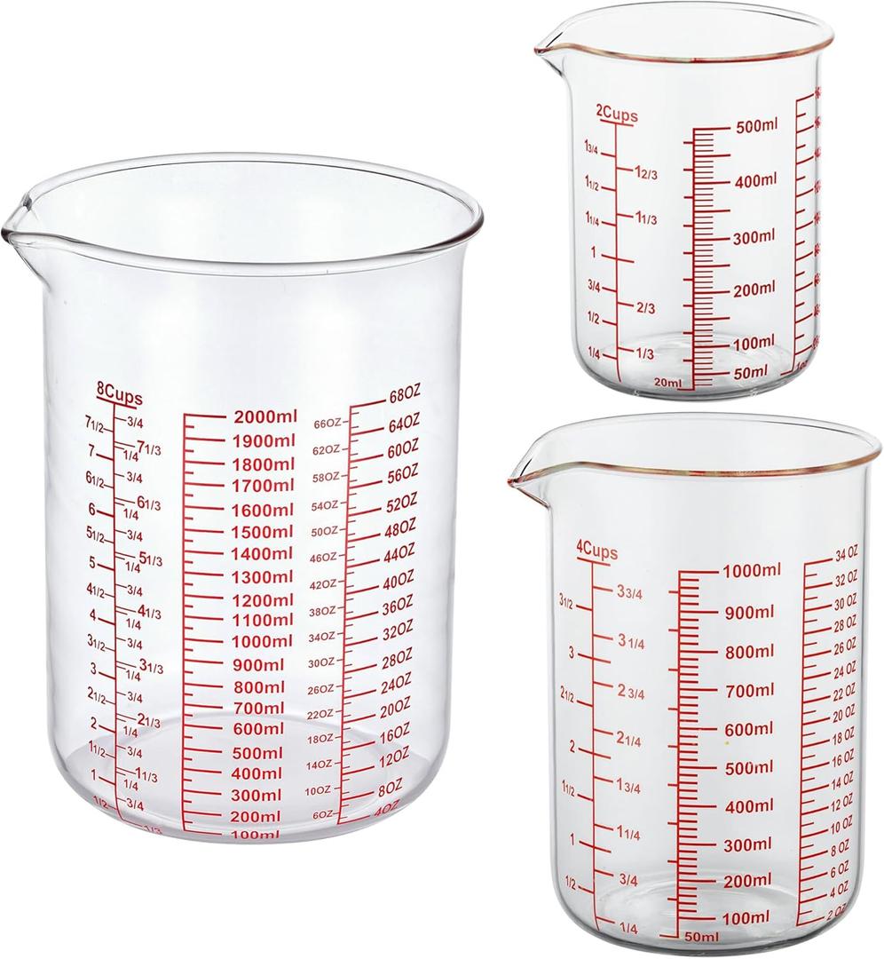 3 Piece High Borosilicate Glass Measuring Cup Set-V-Shaped Spout，Includes 250ml(8OZ), 500ml(16OZ), and 1000ml(32OZ) Glass Measuring Beaker for Kitchen or Restaurant, Easy to Read
