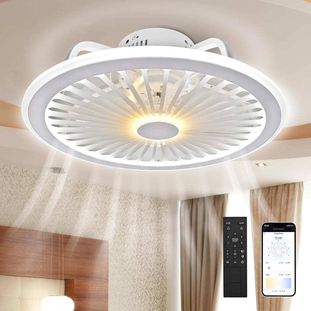 Modern Ceiling Fans with Lights,19" Low Profile Ceiling Fan,3000K-6500K Smart DimmableFlush Mount Ceiling Fan for Bedroom, Kids Room and Living Room (no shaking)