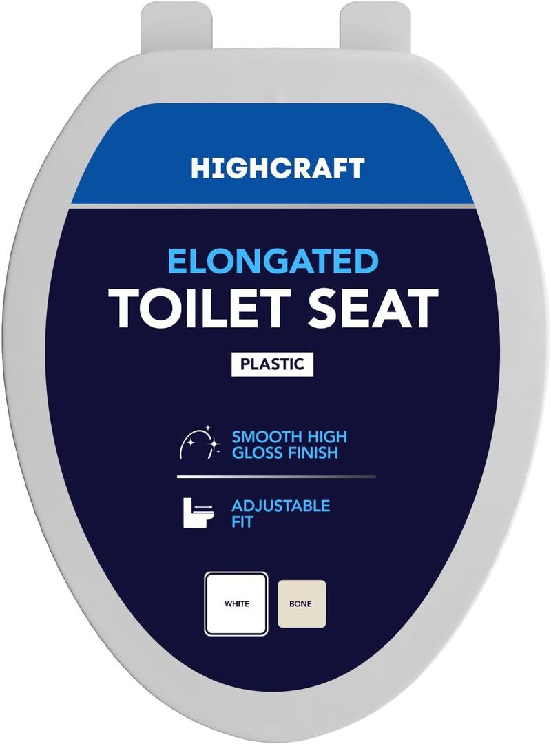 HIGHCRAFT Premium Elongated Toilet Seat with Adjustable Hinges - Molded Plastic Toilet Seat - Fits Standard Elongated Toilets - Oval Seat in White