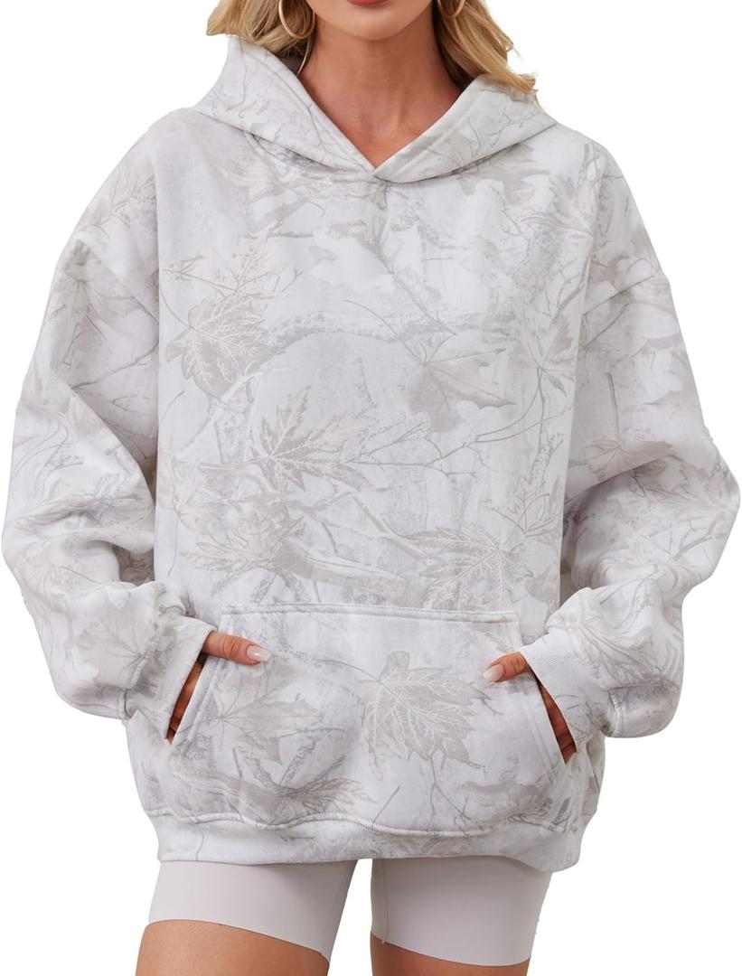 Women Camo Hoodies Oversized Maple Leaf Fleece Hooded Sweatshirt Long Sleeve Fall Trendy Pullover Hoodie with Pocket (Small, Grey White)