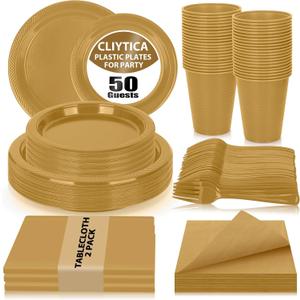 Gold Plastic Plates Set-50 Guest 9" Dinner Plates & 7" Dessert Plates,12 oz Cups,Napkins,Forks,Disposable Plastic Tableware for Wedding,Corporate Events,Anniversary