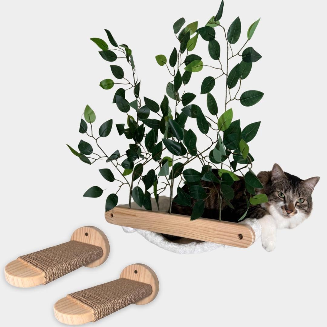 Wall-Mounted Cat Hammock with 2 Steps  Space-Saving Wooden Cat Shelves for Climbing, Perching & Lounging Wall-Mounted Cat Hammock with 2 Steps  Space-Saving Wooden Cat Shelves for Climbing, Perching & Lounging